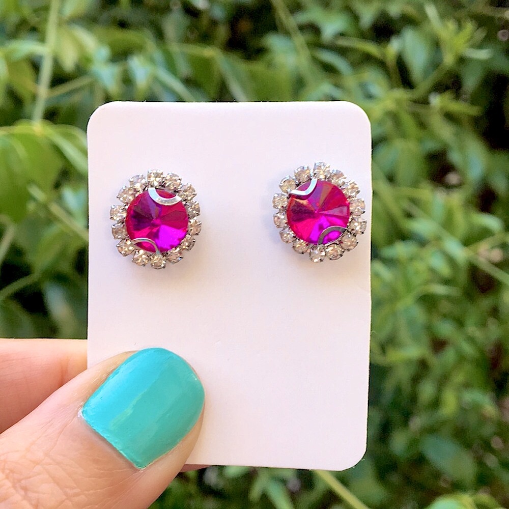 Fuchsia Hot Pink Rivoli + Silver Crystal Halo Stud Earrings - Picture 9 of 9